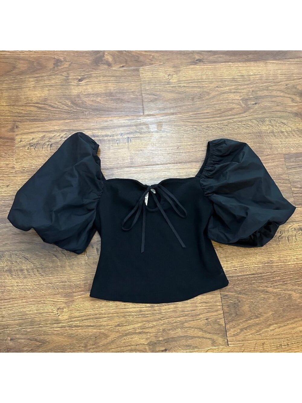 Dolan Black Puff Sleeve Knit Top with Tie Front